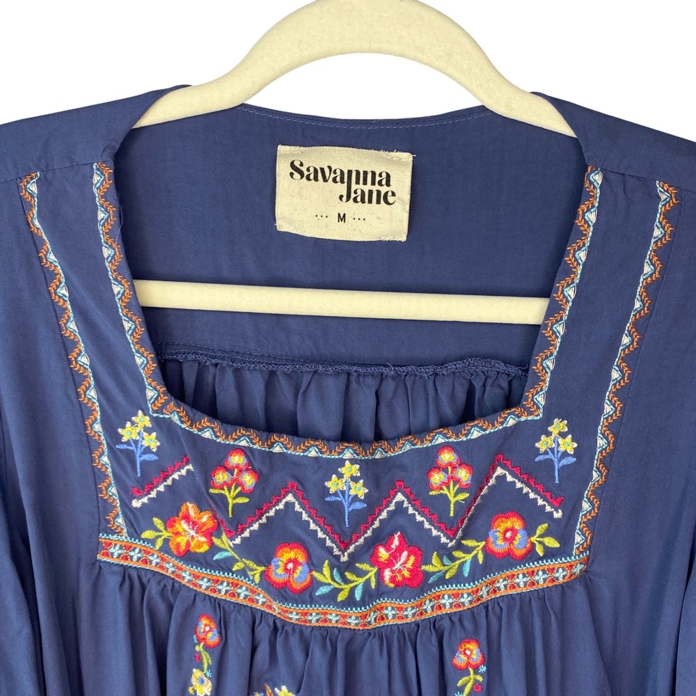 Savanna Jane Blue Floral Embroidered Boho Peasant Blouse Puff Sleeve Medium - Picture 4 of 12